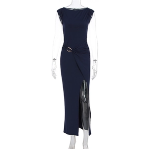 Detail of navy blue sleeveless dress featuring metal waist ring and elegant side slit
