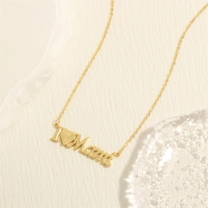 Close-up of 18K gold plated necklace featuring an I Love Mama heart pendant detail