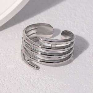 Close-up of a multilayer wrap open ring with polished silver stainless steel texture
