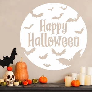 Halloween Welcome static window stickers featuring white moon, bats, and Happy Halloween text