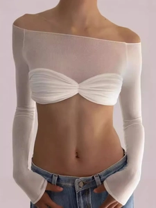 Women Sexy Off-shoulder Long Sleeve Mesh Cropped Top Layered Ruched See-through Slim Fit Solid Color T-shirt Streetwear