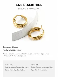 Detail view of 25mm gold-plated stainless steel hoop earrings with triple-layered cross design