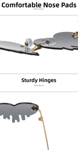 Detail view of gold metal hinges and comfortable silicone nose pads on heart sunglasses