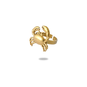 Detailed view of a gold crab ring with a textured shell and an adjustable open band