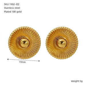 Detail of 19mm circular sunburst stud earrings in 18k gold plated stainless steel