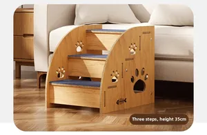 Detail view of 35cm wooden pet stairs with non-slip fabric and paw-shaped cutout design