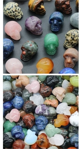 Macro detail of various 1-inch carved natural crystal and agate skull head decorations
