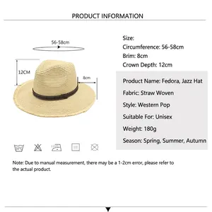 Unisex straw fedora sun hat with size chart and washing instructions in neutral beige