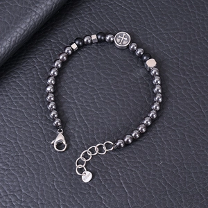 Adjustable men's black natural stone bead bracelet with a silver cross charm on leather