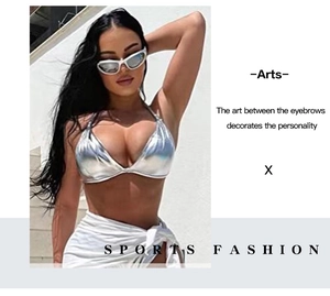 Silver metallic bikini top with halter neck and matching reflective sunglasses on model