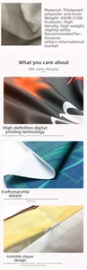 Detail of high-density linen pillowcase with digital print and invisible zipper