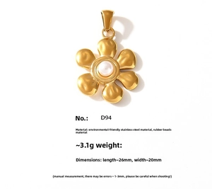 Detail of 18K gold plated stainless steel five-petal flower pendant with white resin bead