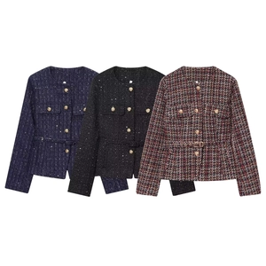 Damen Tweed Jacke Kurz Rundhals Langarm Mit Pailletten Und Gürtel Goldknöpfe Elegante Mode Oberbekleidung