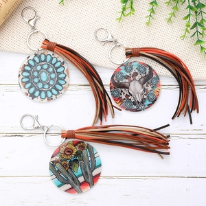 Western Style Acrylic Printed Round Keychain With Artificial Leather Tassel Sunflower Cactus Cow Skull Pattern Bag Pendant