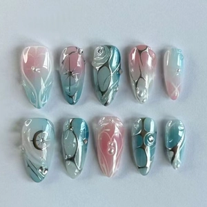 Almond Press On Nails Gradient Pink Blue 3D Metallic Lines Star Artificial Pearl Decor ABS Plastic False Nails Artificial Tips