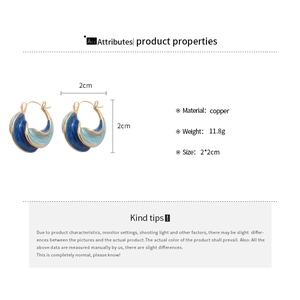 Detailed spec sheet showing size 2x2cm and weight 11.8g of blue enamel hoop earrings