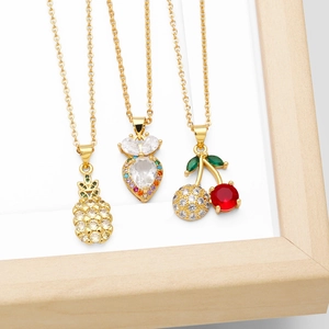 Fruit Pendant Necklace Gold Plated Copper Colorful Cubic Zirconia Pineapple Cherry Small Design For Women