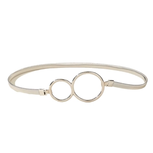 Elegant silver metal spring waist belt with double round interlocking buckle for dresses