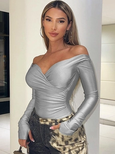 T-Shirt Sexy Femme Col V Profond Plissé Croisé Manches Longues Coupe Ajustée Crop Top Métallique Polyester Élasthanne
