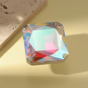 Exaggerated square aurora crystal ring with silver open band in a minimalist setting