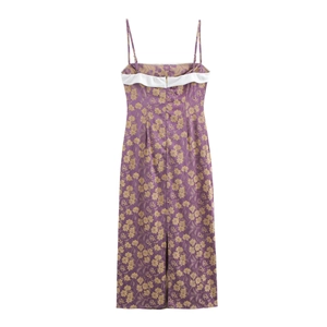 Elegant purple jacquard floral midi dress with back zipper and satin sheen detail