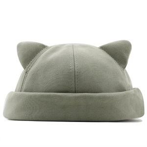 Cute Morandi green brimless docker hat with cat ear accents and twill cotton fabric