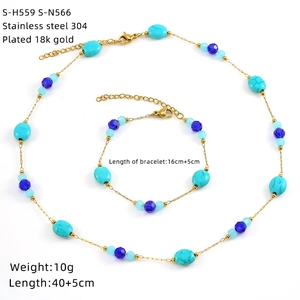 Detail showing 18K gold plated necklace and bracelet set with turquoise beads and measurements