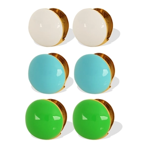 Three pairs of round macaron enamel stud earrings in pearl white, blue and green with gold metal