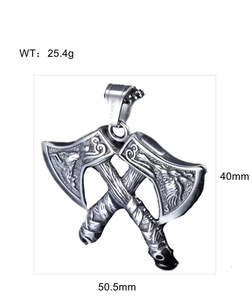 Detailed view of silver stainless steel double axe pendant with specific dimensions and weight