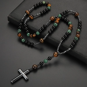 Long beaded cross necklace for men with tiger eye, black beads and green stones