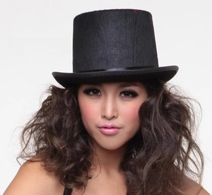 Close-up detail of the classic black felt top hat with a matching satin decorative band