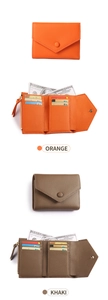 Detail of slim leather wallet showing inner card slots and zipper pocket in orange and khaki