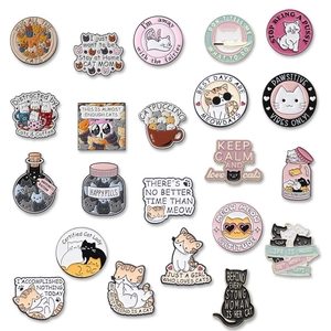 Collection of cute enamel cat pins with funny quotes for clothing and accessories