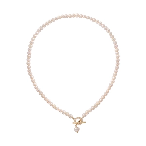 Minimalist freshwater pearl necklace featuring a golden OT toggle clasp on a white background