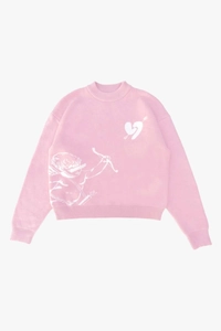 Dettaglio maglione rosa in maglia con motivo jacquard bianco di Cupido e cuori