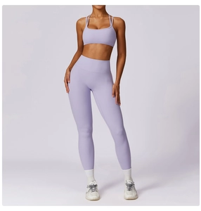 Front view of light purple high-waisted yoga pants and U-neck sports bra set for fitness