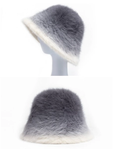 Detailed view of grey gradient faux rabbit fur bucket hat with fluffy plush texture