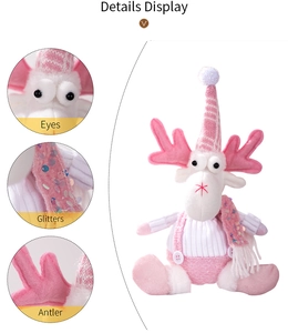 Detail shots of pink Christmas reindeer plush with sequins and knitted textures