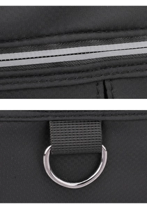 Detailed macro shot of durable black fabric stitching with zipper and metal D-ring hook