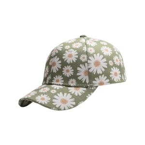 Green baseball cap with daisy pattern featuring a curved brim for outdoor sun protection