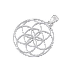 Macro detail of a silver Tree of Life hollow pendant with geometric flower patterns