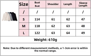 Size chart showing bust and shoulder measurements for double-breasted woolen short coat