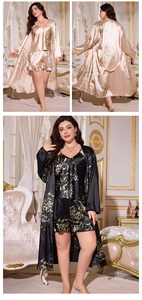 Three-piece women's satin pajama set with floral print robe, camisole and shorts