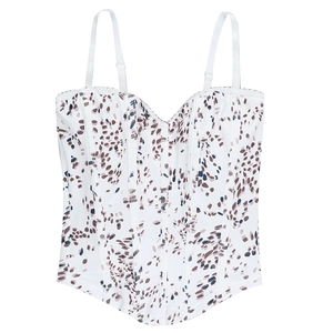 Detail of floral bustier top with adjustable straps and boning for a slimming fit