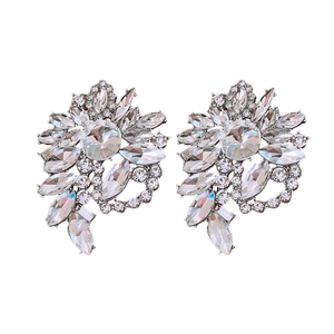 Silver geometric floral drop earrings with clear crystal rhinestones for women