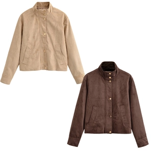 Women Short Suede Jacket Stand Collar Single Breasted Long Sleeve Casual Streetwear Outerwear Solid Color Spring