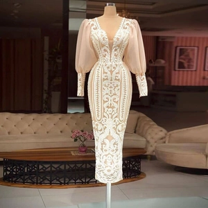 Elegant Women Evening Gown Lace Embroidery Deep V Neck Lantern Long Sleeves Fishtail Maxi Party Dress Champagne Luxury