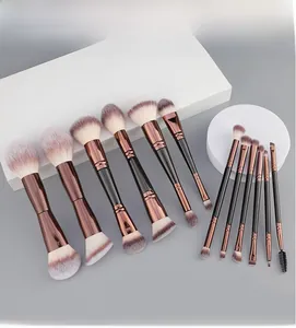 Detailed view of 12 double-ended makeup brushes with rose gold ferrules and soft gradient bristles