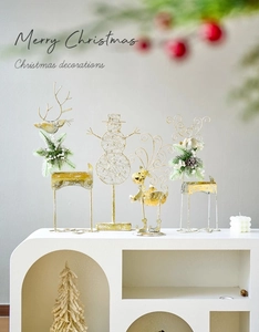 Golden iron wire Christmas bird and reindeer figurines with glitter finish