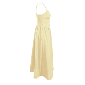 Vue latérale de la robe midi beige à bretelles avec bustier ajusté et taille plissée